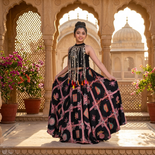 Black Embroidered Crepe Lehenga Set with Statement Pearl Tassel Top.