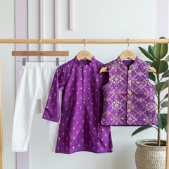 Purple Brocade Zari Kurta Set with Jacket & White Pyjama