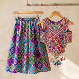 Multicolour Embroidered Silk Top, Palazzo & Potli Bag Set for Girls