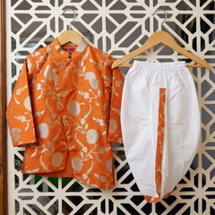 Orange Floral Brocade Asymmetric Kurta With Dhoti
