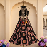 Black Embroidered Crepe Lehenga Set with Statement Pearl Tassel Top.