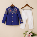 Heavy Handwork Embroidered Royal Blue Chanderi Silk Jacket Set with White Pants
