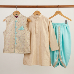 Embroidered Jacket with Beige Kurta and Dhoti