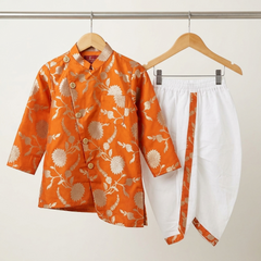 Orange Floral Brocade Asymmetric Kurta With Dhoti