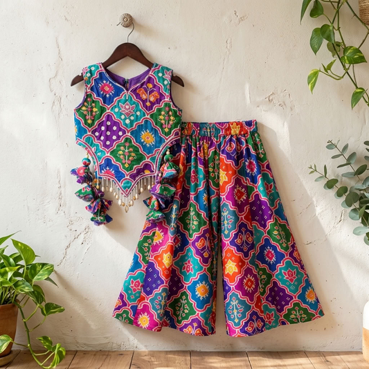 Multicolour Embroidered Silk Top with Flared Palazzo Set
