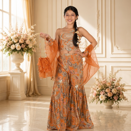 Rust Orange Paisley Printed One-Shoulder Sharara Set with Organza Cape Sleeves and Matching Potli Bag.