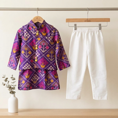 Boys Purple Silk Kurta Set with Jacket & White Elasticated Pyjama
