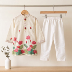 Elegant Ivory Lotus Print Chanderi Silk Kurta Set with Comfortable Elasticated Pyjama.