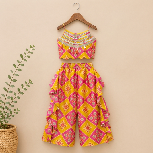 Vibrant Handcrafted Silk Crop Top with Ruffled Palazzo Set for Girls.
