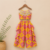 Vibrant Handcrafted Silk Crop Top with Ruffled Palazzo Set for Girls.