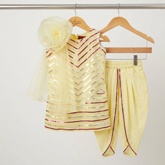 Short Sequin work kurta with attached flower dupatta and Dhoti