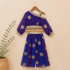 Elegant blue and purple Bandhini-print Georgette set featuring a stylish one-shoulder top with statement sleeves and a flowy Palazzo