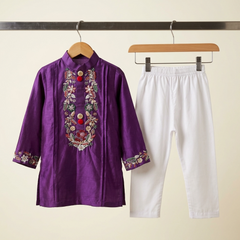 Purple Hand-Embroidered Kurta with White Pyjama.