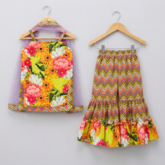 Flower Print Short Kurta with Net Dupatta and Sharara