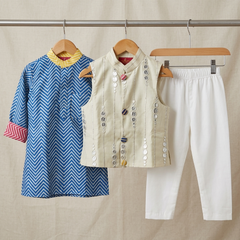 Blue Zig Zag Print Kurta with Abla work Jacket and Chudidar