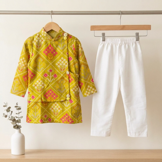 Green Silk Kurta Set with Attached Jacket & White Elasticated Pyjama