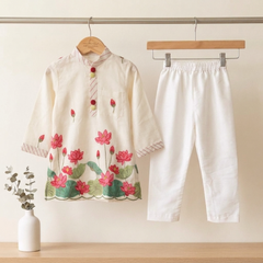 Elegant Ivory Lotus Print Chanderi Silk Kurta Set with Comfortable Elasticated Pyjama.