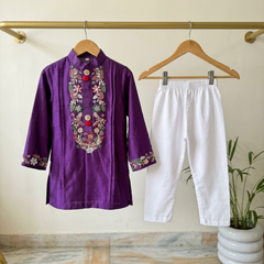Purple Hand-Embroidered Kurta with White Pyjama.