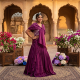 Royal Purple Embroidered Organza Lehenga Set with Attached Pearl Cape