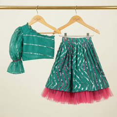 One off Shoulder Embroidered crop top with sequin work Lahenga