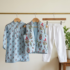 Sea Blue Kurta Set with Floral Jacket
