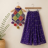 Festive Purple Crop Top with Handmade Flower Hangings, Flared Palazzo & Matching Bandana