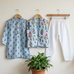 Sea Blue Kurta Set with Floral Jacket