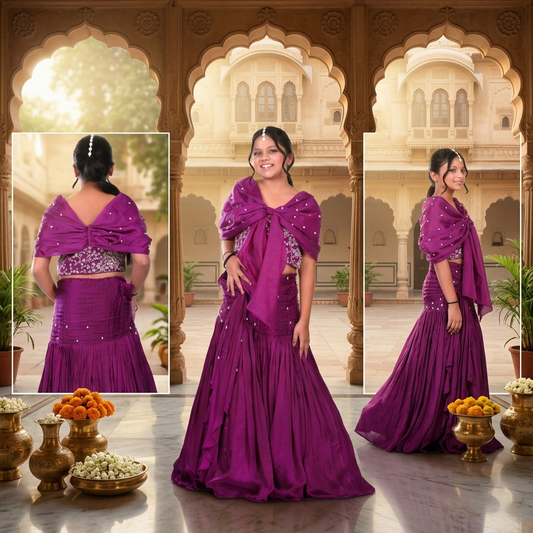 Royal Purple Embroidered Organza Lehenga Set with Attached Pearl Cape