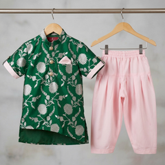 Upturned Sleeves Green Floral Brocade Asymmetric Kurta With Patiala