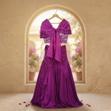 Royal Purple Embroidered Organza Lehenga Set with Attached Pearl Cape