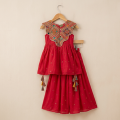 Festive Red Embroidered Top with Statement Handwork Yoke, Tassels & Flared Palazzo