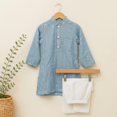 Blue Lucknawi Kurta Set with White Pyjama