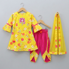 Flower Printed Kurta with Dhoti and Dupatta