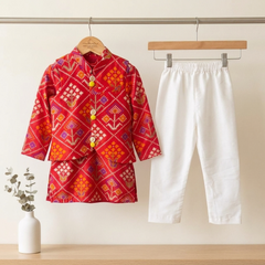 Vibrant Red Silk Kurta with Matching Jacket and White Pyjama