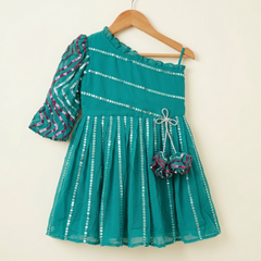 Sequin work one off Shoulder frock with balloon sleeves