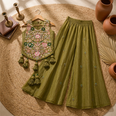Elegant Chanderi Silk Embroidered Palazzo Set with Floral Handwork & Statement Tassels