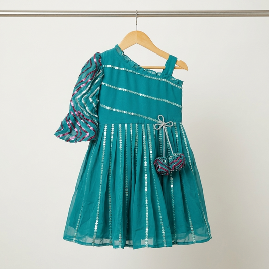 Sequin work one off Shoulder frock with balloon sleeves