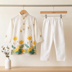 Boys Lotus Embroidered Kurta Set with Elasticated Pyjama