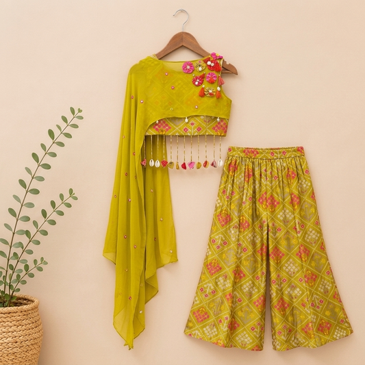 Elegant Green Silk Crop Top with Embellished Georgette Cape and Flared Palazzo.