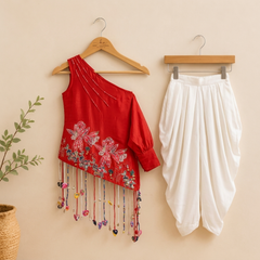 Red Embroidered One-Shoulder Dhoti Set with Handcrafted Tassel Detailing