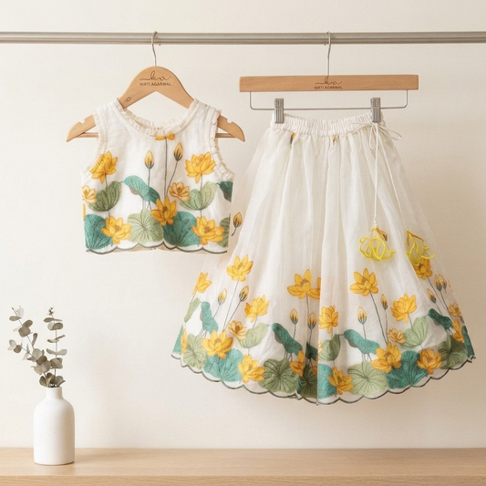 Floral Embroidered Chanderi Silk Crop Top & Lehenga Set with Handcrafted Flower Tassels