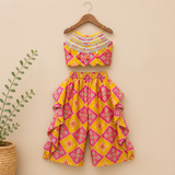 Vibrant Handcrafted Silk Crop Top with Ruffled Palazzo Set for Girls.