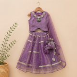 Beautiful lavender 4-piece tissue silk and net lehenga set with embellished crop top, dupatta and matching potli bag.