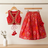 Elegant Red Silk Embroidered Crop Top & Flared Lehenga Set for Girls.
