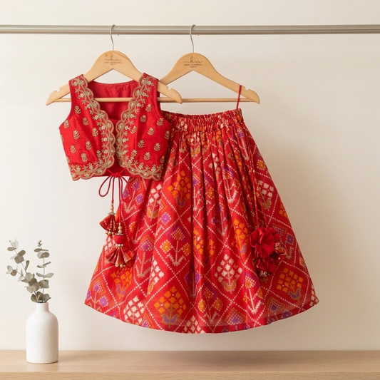 Elegant Red Silk Embroidered Crop Top & Flared Lehenga Set for Girls.