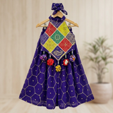 Festive Purple Crop Top with Handmade Flower Hangings, Flared Palazzo & Matching Bandana