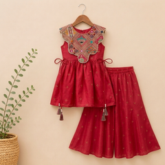Festive Red Embroidered Top with Statement Handwork Yoke, Tassels & Flared Palazzo