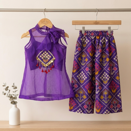 Elegant Silk & Organza Three-Piece Set with Hand-Embroidered Organza Jacket and Flared Palazzo.
