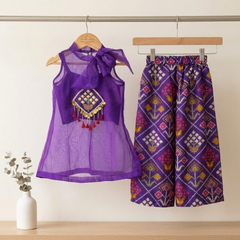 Elegant Silk & Organza Three-Piece Set with Hand-Embroidered Organza Jacket and Flared Palazzo.