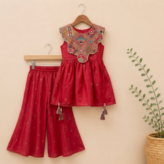 Festive Red Embroidered Top with Statement Handwork Yoke, Tassels & Flared Palazzo